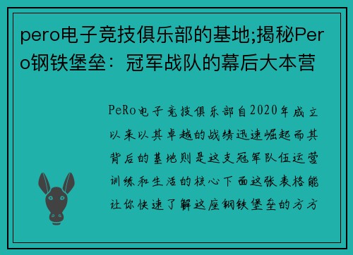 pero电子竞技俱乐部的基地;揭秘Pero钢铁堡垒：冠军战队的幕后大本营